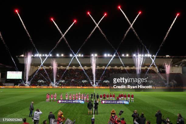 General view inside the stadium as fireworks are seen whilst players of both side's line up prior to the Barclays Women´s Super League match between...