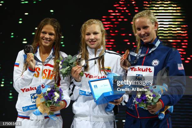 Silver medal winner Yuliya Efimova of Russia, Gold medal winner Ruta Meilutyte of Lithuania and Bronze medal winner Jessica Hardy of the USA...