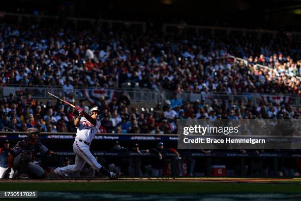 Jorge Polanco of the Minnesota Twins bats during game three of the Division Series against the Houston Astros on October 10, 2023 at Target Field in...