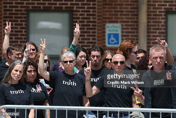 People show support for for U.S. Army Private First Class Bradley Manning after he was found guilty of 20 out of 21 charges at his military trial,...