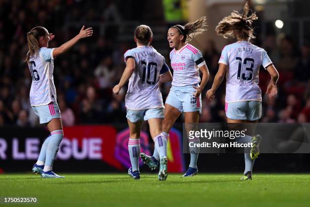 Katie McCabe of Arsenal celebrates after scoring the team's first goal during the Barclays Women´s Super League match between Bristol City and...