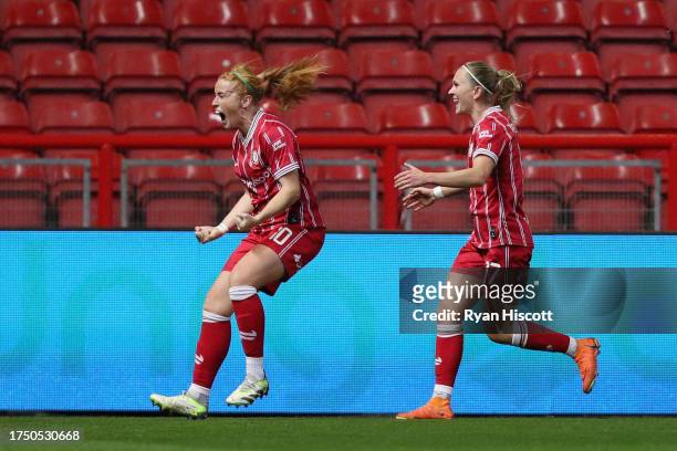 Rachel Furness of Bristol City celebrates with Amalie Thestrup after scoring the team's first goal during the Barclays Women´s Super League match...