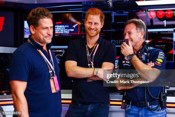 Red Bull Racing Team Principal Christian Horner talks with Prince Harry, Duke of Sussex in the garage prior to the F1 Grand Prix of United States at...