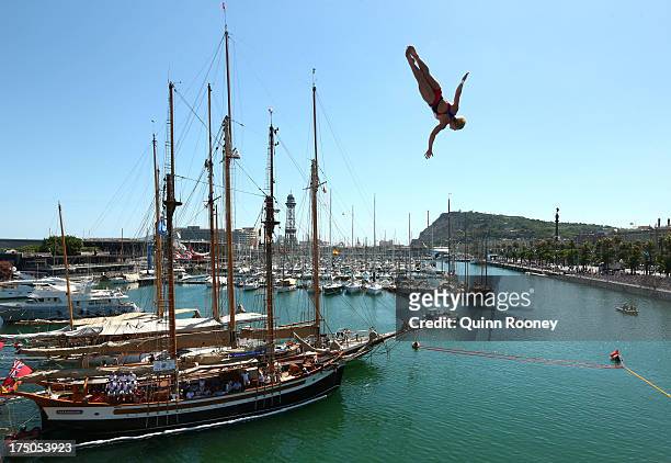 Cesilie Carlton of USA competes during the Women's 20m High Diving on day eleven of the 15th FINA World Championships at Moll de la Fusta on July 30,...