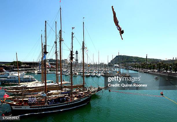 Tara Hyer Tira of USA competes during the Women's 20m High Diving on day eleven of the 15th FINA World Championships at Moll de la Fusta on July 30,...