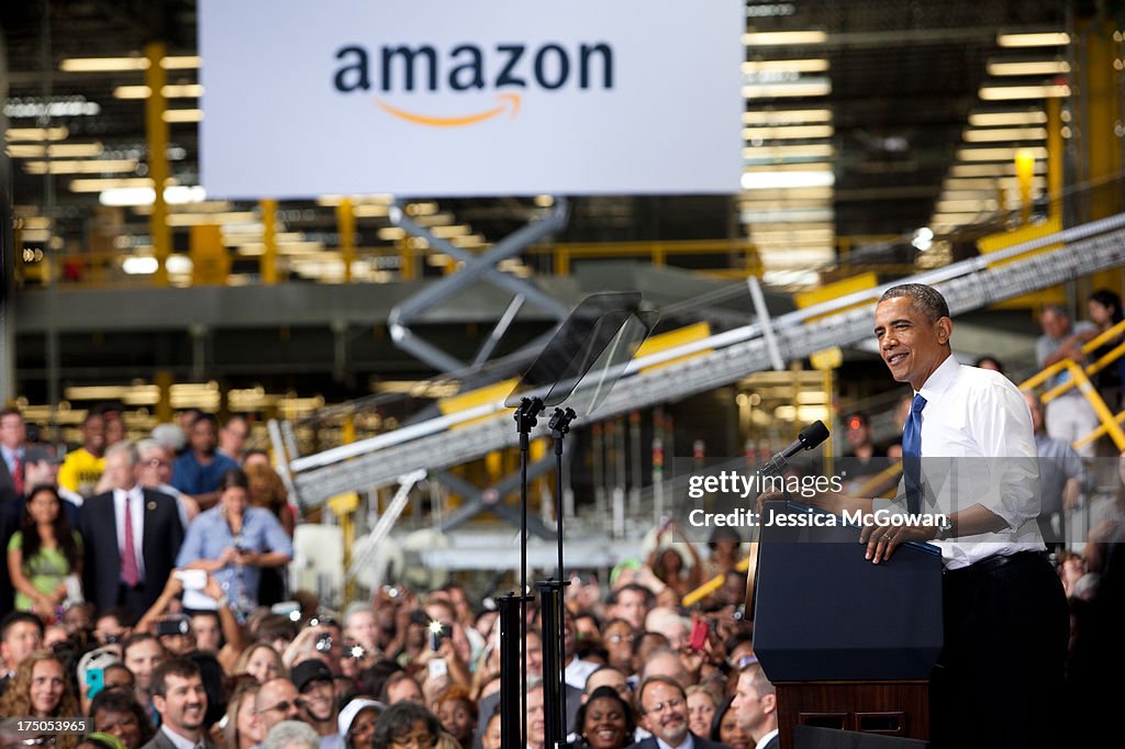 President Obama Makes Economic Policy Speech At An Amazon Fulfillment Center