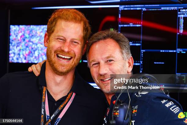 Red Bull Racing Team Principal Christian Horner talks with Prince Harry, Duke of Sussex in the garage prior to the F1 Grand Prix of United States at...