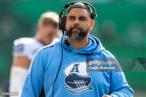 Toronto Argonauts defensive coordinator Corey Mace on the sideline during the game between the Toronto Argonauts and Saskatchewan Roughriders at...