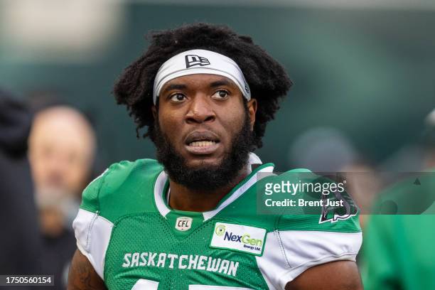 Brunson of the Saskatchewan Roughriders on the sideline during the game between the Toronto Argonauts and Saskatchewan Roughriders at Mosaic Stadium...