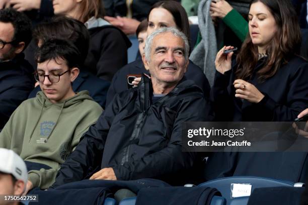 Raymond Domenech attends the Ligue 1 Uber Eats match between Paris Saint-Germain and RC Strasbourg at Parc des Princes stadium on October 21, 2023 in...