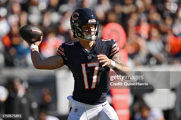 Tyson Bagent of the Chicago Bears throws a pass during the second quarter against the Las Vegas Raiders at Soldier Field on October 22, 2023 in...