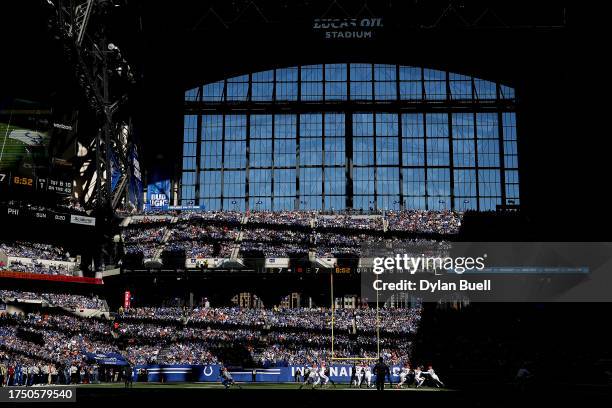 General view of the game between the Cleveland Browns and Indianapolis Colts at Lucas Oil Stadium on October 22, 2023 in Indianapolis, Indiana.