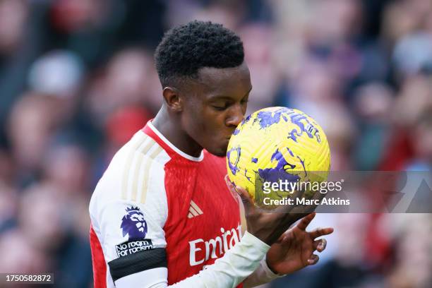 Eddie Nketiah of Arsenal celebrates scoring his hat-trick during the Premier League match between Arsenal FC and Sheffield United at Emirates Stadium...