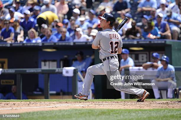 Andy Dirks of the Detroit Tigers bats against the Kansas City Royals on July 21, 2013 at Kauffman Stadium in Kansas City, Missouri. The Tigers won...