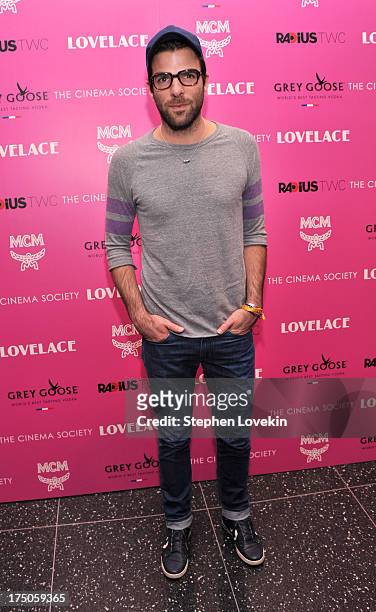 Actor Zachary Quinto attends The Cinema Society and MCM with Grey Goose screening of Radius TWC's "Lovelace" at MoMA on July 30, 2013 in New York...