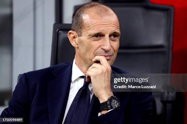 Massimiliano Allegri, Head Coach of Juventus, looks on prior to the Serie A TIM match between AC Milan and Juventus at Stadio Giuseppe Meazza on...