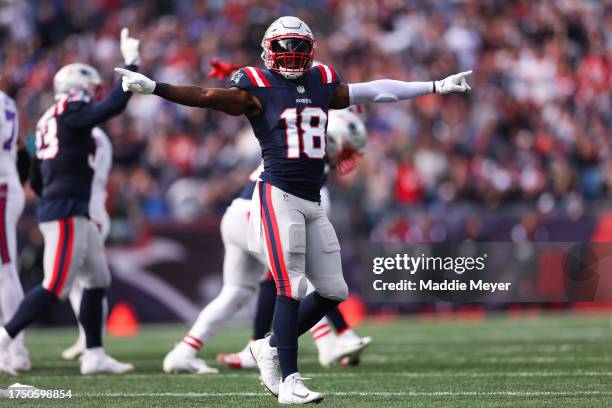 Matthew Slater of the New England Patriots celebrates after a missed field goal attempt by the Buffalo Bills in the second quarter of the game at...