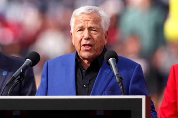 New England Patriots owner Robert Kraft speaks during a New England Patriots Hall of Fame induction ceremony during halftime of the game against the...