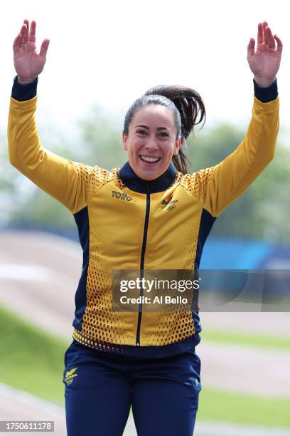 Mariana Pajon of Team Colombia celebrates her gold medal in the podium of Women's BMX Racing at Parque Peñalolen on Day 2 of Santiago 2023 Pan Am...