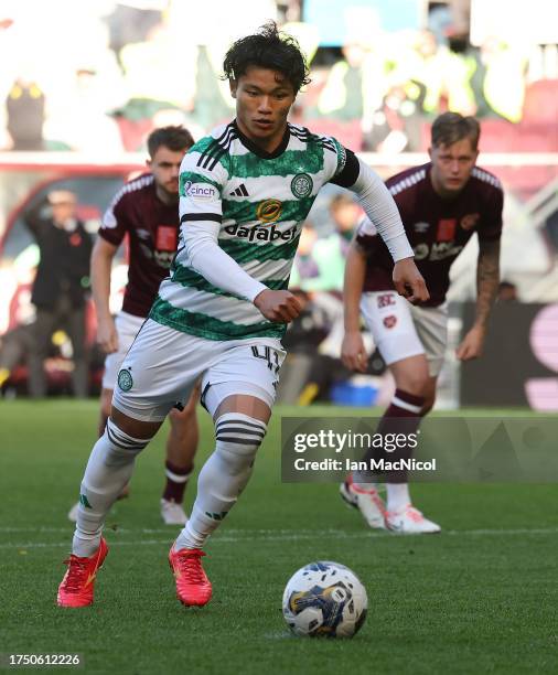 Reo Hatae of Celtic takes a penalty during the Cinch Scottish Premiership match between Heart of Midlothian and Celtic FC at Tynecastle Park on...