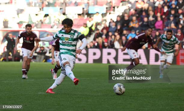 Reo Hatae of Celtic takes a penalty during the Cinch Scottish Premiership match between Heart of Midlothian and Celtic FC at Tynecastle Park on...
