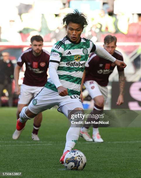 Reo Hatae of Celtic takes a penalty during the Cinch Scottish Premiership match between Heart of Midlothian and Celtic FC at Tynecastle Park on...