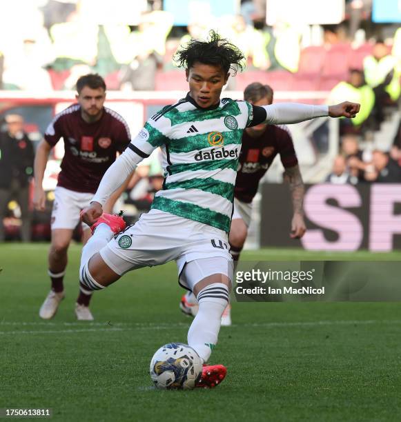 Reo Hatae of Celtic takes a penalty during the Cinch Scottish Premiership match between Heart of Midlothian and Celtic FC at Tynecastle Park on...