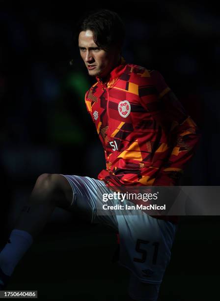 Alex Lowry of Hearts is seen warming up during the Cinch Scottish Premiership match between Heart of Midlothian and Celtic FC at Tynecastle Park on...