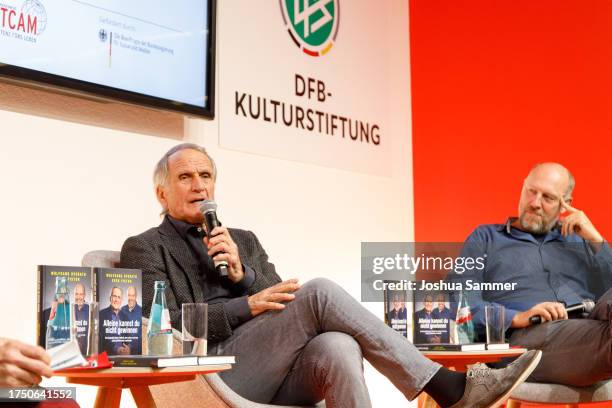 Wolfgang Overath speaks on the podium at the DFB 'Kulturstadion' at Frankfurt Book Fair on October 22, 2023 in Frankfurt am Main, Germany.