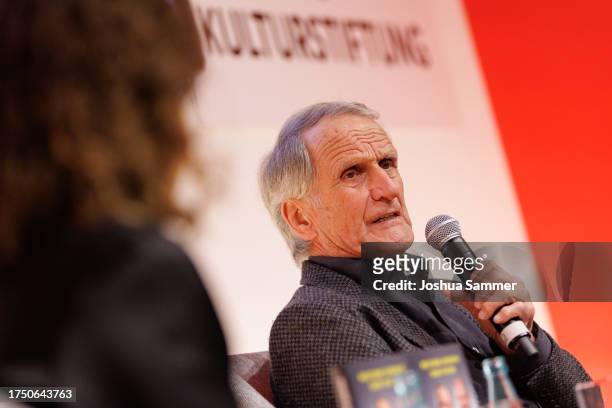 Wolfgang Overath speaks on the podium at the DFB 'Kulturstadion' at Frankfurt Book Fair on October 22, 2023 in Frankfurt am Main, Germany.