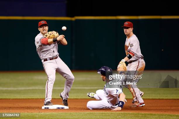 Shortstop Cliff Pennington of the Arizona Diamondbacks turns a double play as Luke Scott of the Tampa Bay Rays attempts to break it up during the...