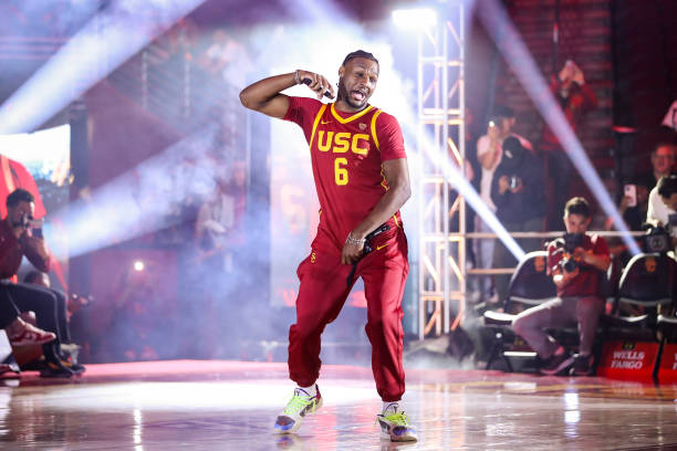 Bronny James of the USC Trojans is introduced at the Trojan HoopLA event at Galen Center on October 19, 2023 in Los Angeles, California.