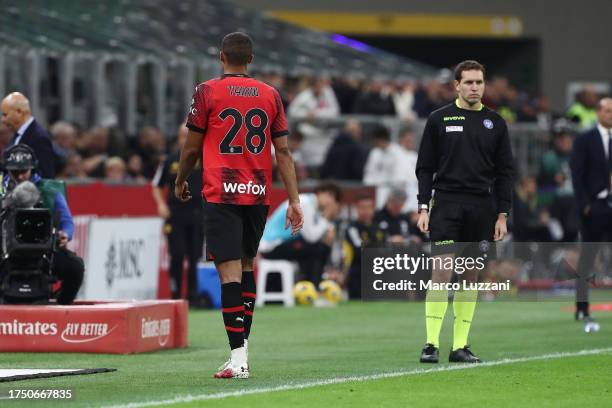 Malick Thiaw of AC Milan leaves the pitch after being shown a red card during the Serie A TIM match between AC Milan and Juventus at Stadio Giuseppe...