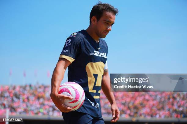 Adrian Aldrete of Pumas UNAM looks on during the 13th round match between Pumas UNAM and Monterrey as part of the Torneo Apertura 2023 Liga MX at...