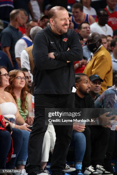 Head Coach Tom Thibodeau of the New York Knicks looks on during the game against the New Orleans Pelicans on October 28, 2023 at the Smoothie King...