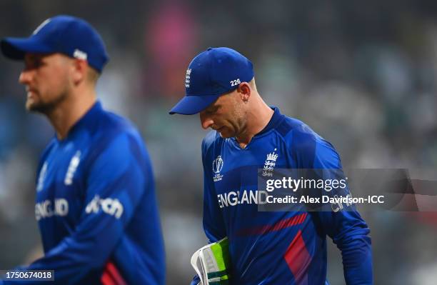 Jos Buttler of England reacts during the ICC Men's Cricket World Cup India 2023 between England and South Africa at Wankhede Stadium on October 21,...