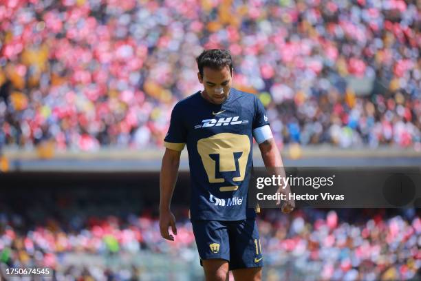 Adrian Aldrete of Pumas UNAM reacts during the 13th round match between Pumas UNAM and Monterrey as part of the Torneo Apertura 2023 Liga MX at...