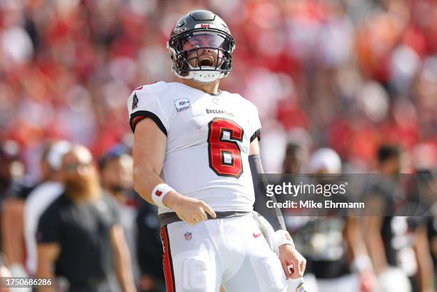 Baker Mayfield of the Tampa Bay Buccaneers reacts to a play in the fourth quarter of the game against the Atlanta Falcons at Raymond James Stadium on...