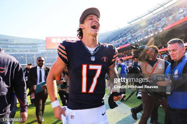 Tyson Bagent of the Chicago Bears reacts as he leaves the field after the game against the Las Vegas Raiders at Soldier Field on October 22, 2023 in...