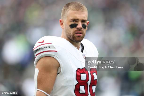 Zach Ertz of the Arizona Cardinals warms up prior to a game against the Seattle Seahawks at Lumen Field on October 22, 2023 in Seattle, Washington.