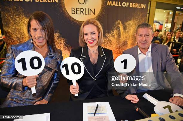Jorge Gonzalez, Isabel Edvardsson and Joachim Llambi during the "Mall of Berlin Dances" Dance Contest at Mall of Berlin on October 28, 2023 in...