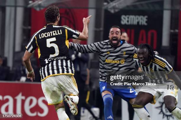 Manuel Locatelli of Juventus celebrates his first goal during the Serie A TIM match between AC Milan and Juventus at Stadio Giuseppe Meazza on...