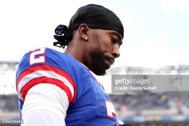 Tyrod Taylor of the New York Giants looks on after the game against the Washington Commanders at MetLife Stadium on October 22, 2023 in East...