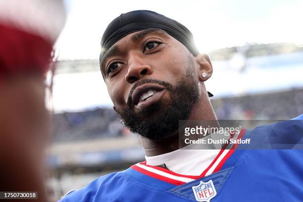 Tyrod Taylor of the New York Giants looks on after the game against the Washington Commanders at MetLife Stadium on October 22, 2023 in East...