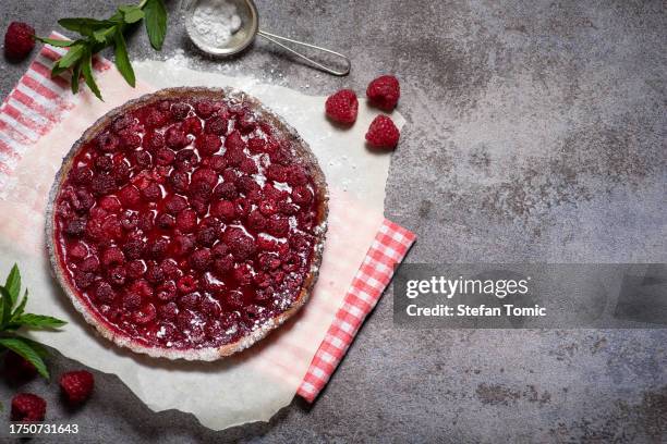 sweet pie with raspberries on grey background - raspberry jam stock pictures, royalty-free photos & images