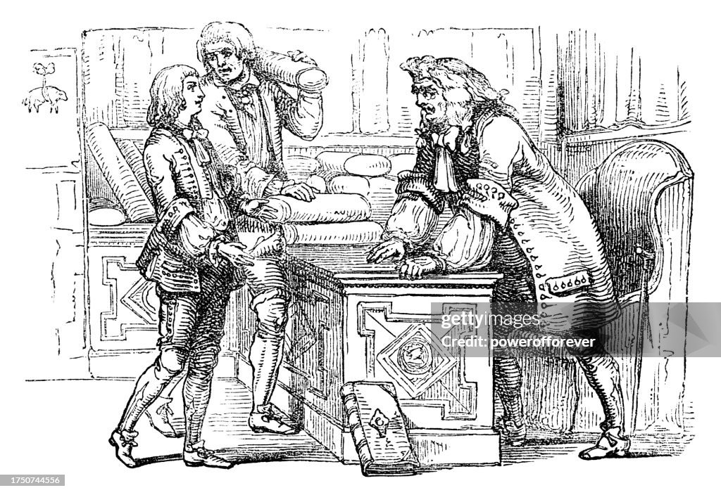 Father and Son Buying Cloth from a Merchant in Reims, France - 17th Century