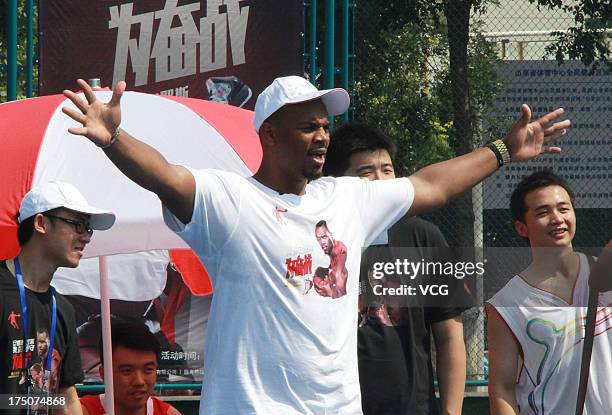 American professional basketball player Chuck Hayes of the Sacramento Kings meets fans at Jinan Olympic Sports Center on July 31, 2013 in Jinan,...