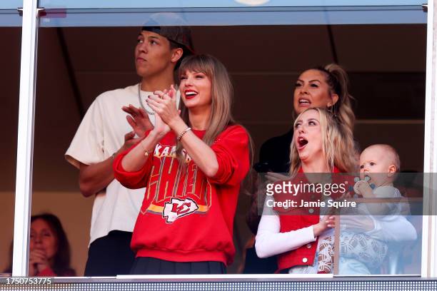 Taylor Swift and Brittany Mahomes react during a game between the Los Angeles Chargers and Kansas City Chiefs at GEHA Field at Arrowhead Stadium on...