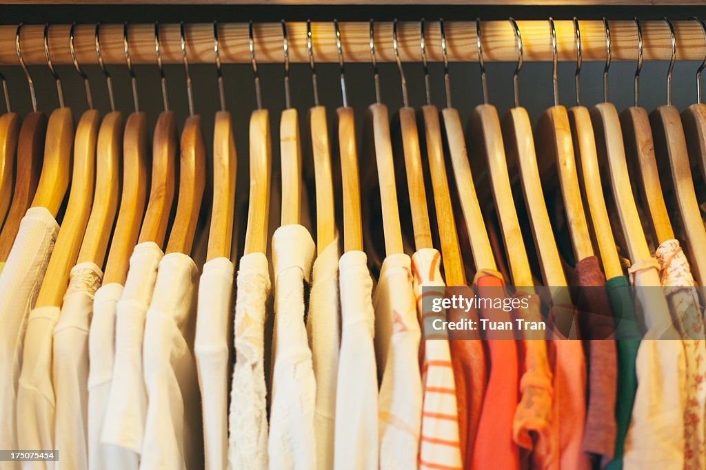 Close up of wooden clothes hangers