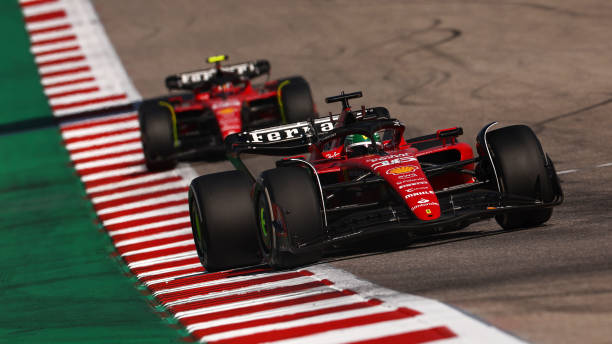 AUSTIN, TEXAS - OCTOBER 22: Charles Leclerc of Monaco driving the (16) Ferrari SF-23 leads Carlos Sainz of Spain driving (55) the Ferrari SF-23 on track during the F1 Grand Prix of United States at Circuit of The Americas on October 22, 2023 in Austin, Texas.